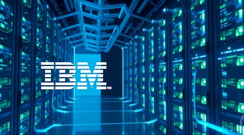 Futurystyczne centrum danych IBM i Arm, symbioza sprzętu i AI w chłodnych barwach.