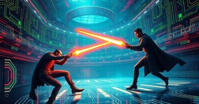 Stylyzowana walka Google i Nvidii w krzemowej arenie przyszłości, cyfrowe obwody, cyberpunk, promieniujące bronie.