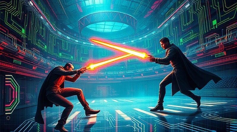 Stylyzowana walka Google i Nvidii w krzemowej arenie przyszłości, cyfrowe obwody, cyberpunk, promieniujące bronie.