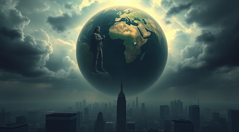 Stylizowany Palantir w burzowym niebie nad Berlinem, Tokio i Waszyngtonem, odbija frakcje pokoju i wojny.