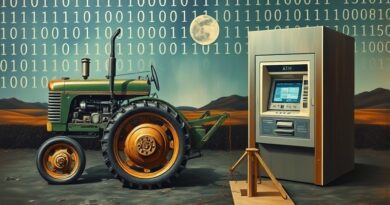 Surrealistyczna wizja ewolucji pracy: traktor przechodzi w bankomat na tle binarnym.