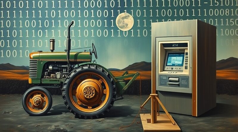 Surrealistyczna wizja ewolucji pracy: traktor przechodzi w bankomat na tle binarnym.