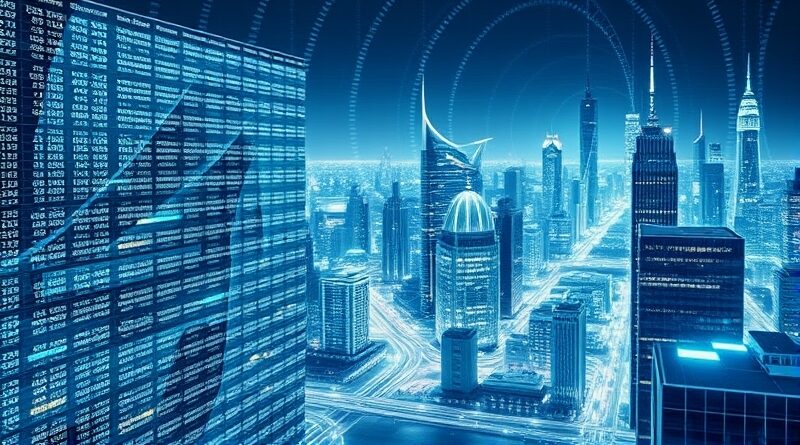 Abstrakcyjna panorama miasta przyszłości wyłania się z arkusza kalkulacyjnego. Binarne kody i chłodne barwy.