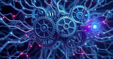 Abstrakcyjna sieć neuronowa z zębatych kół, chłodne, surrealistyczne światło, podkreślające mechaniczny charakter AI.