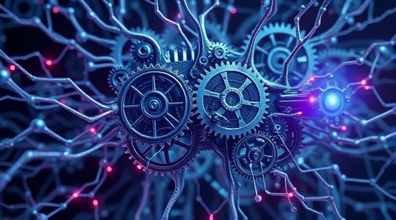Abstrakcyjna sieć neuronowa z zębatych kół, chłodne, surrealistyczne światło, podkreślające mechaniczny charakter AI.