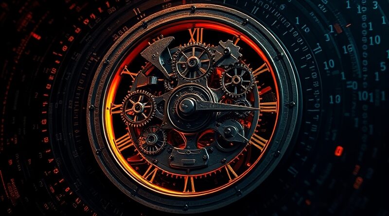 Skomplikowany mechanizm zegarowy z uszkodzonymi zębatkami, symbolizujący kruchość infrastruktury AI i awarię ChatGPT.
