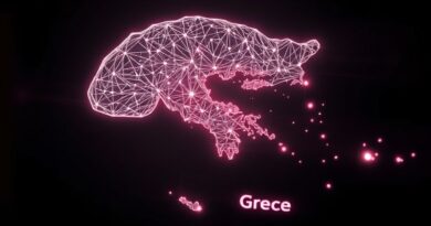 Cyfrowy mózg z greckimi wyspami, symbol AI w Piraeus Bank wdrażanego przez Anthropic i Accenture.