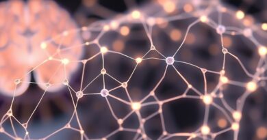 Delikatna, przezroczysta sieć neuronowa na elastycznym podłożu, z subtelną bioluminescencją. W tle skan mózgu.