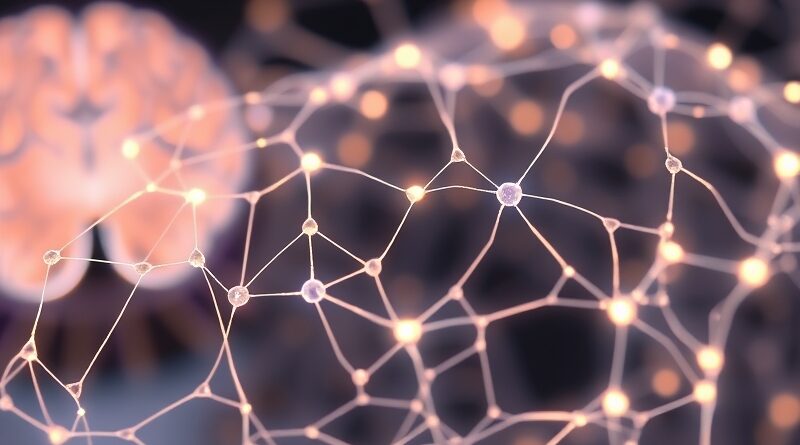 Delikatna, przezroczysta sieć neuronowa na elastycznym podłożu, z subtelną bioluminescencją. W tle skan mózgu.