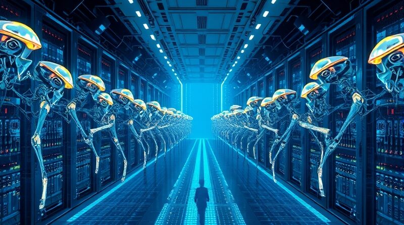 Rój świecących robotów w serwerowni, nadzorowany przez awatary Freda i Balajiego.