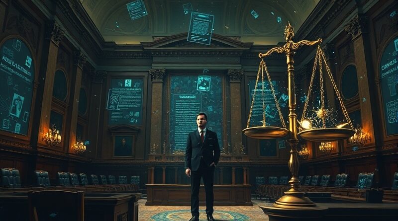 Barokowe wnętrze sądu, z glitchami i rozsypującym się adwokatem. Waga sprawiedliwości przechylona przez AI.