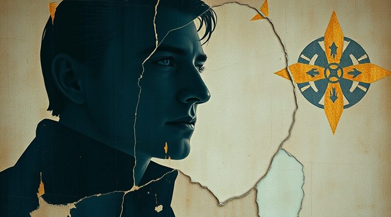 Zniszczony plakat filmowy z sylwetką aktora, spod którego przebija cyfrowy kod. Smutek, nostalgia.