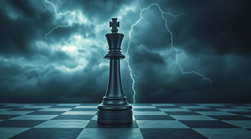 Samotny król na szachownicy pod burzowym niebem; cyfrowy kod w chmurach symbolizuje wpływ AI.