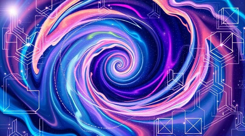 Iryzujący wir kolorów galaktyki i płynu, przecinający się z geometryczną siatką kwantową. Chaos i porządek w kwantowym AI.