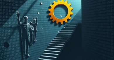 Schody Escherowskie w binarnym kodzie, złote koło zębate. Duchy robotników sięgają po spadające monety.