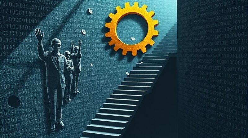 Schody Escherowskie w binarnym kodzie, złote koło zębate. Duchy robotników sięgają po spadające monety.