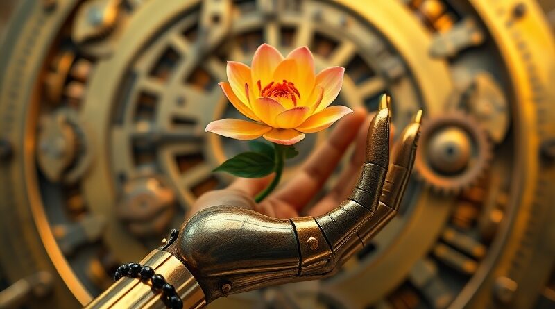 Mechaniczna, steampunkowa dłoń delikatnie trzyma kwiat na tle zębatych mechanizmów. Technologia i natura.