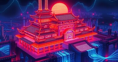 Cyfrowa twierdza skąpana w neonach, w stylu japońskim, symbolizująca inwestycje Microsoftu w cyberbezpieczeństwo i AI w Japonii.