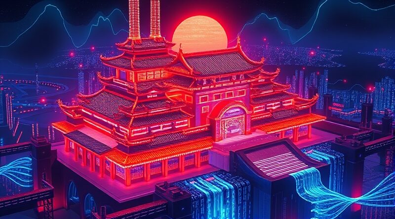 Cyfrowa twierdza skąpana w neonach, w stylu japońskim, symbolizująca inwestycje Microsoftu w cyberbezpieczeństwo i AI w Japonii.