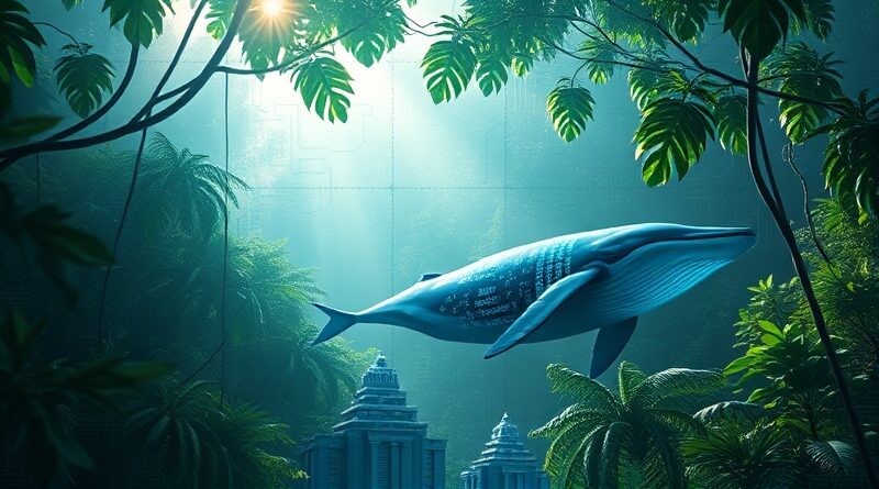 Amazonia jako płyta główna chmury AWS, Trainium, Anthropic i przepływ danych symbolizowany przez wieloryba.