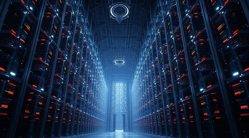 Futurystyczne wnętrze centrum danych Microsoft Fairwater w Wisconsin, z rzędami świecących serwerów niczym gotycka katedra.