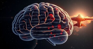 Kosmiczny mózg z kodu, nebula w kształcie sokoła, Starship odbity w strukturze. AI i kosmos.