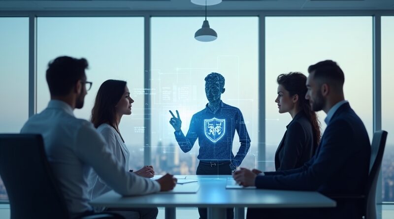 Futurystyczny biurowy zespół współpracuje z holograficznym AI Gemini pod niebem flag Niemiec i Grecji.
