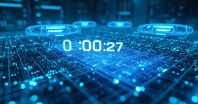 Centrum operacji cyberbezpieczeństwa z hologramami, licznikiem 00:00:27 i dronami AI w niebiesko-cyjanowym stylu.