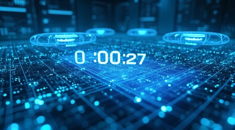 Centrum operacji cyberbezpieczeństwa z hologramami, licznikiem 00:00:27 i dronami AI w niebiesko-cyjanowym stylu.