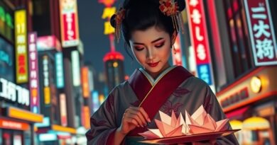 Gejsza origami w cyberpunkowym Tokio, symbolizująca inwestycje Microsoftu w technologię i bezpieczeństwo w Japonii.