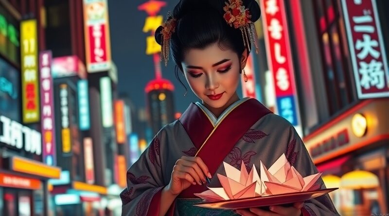 Gejsza origami w cyberpunkowym Tokio, symbolizująca inwestycje Microsoftu w technologię i bezpieczeństwo w Japonii.
