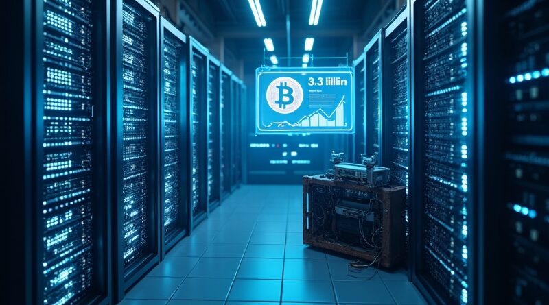 Nowoczesne centrum danych z GPU, zrujnowany rig Bitcoin, wykresy AI i obligacja 3,3 mld