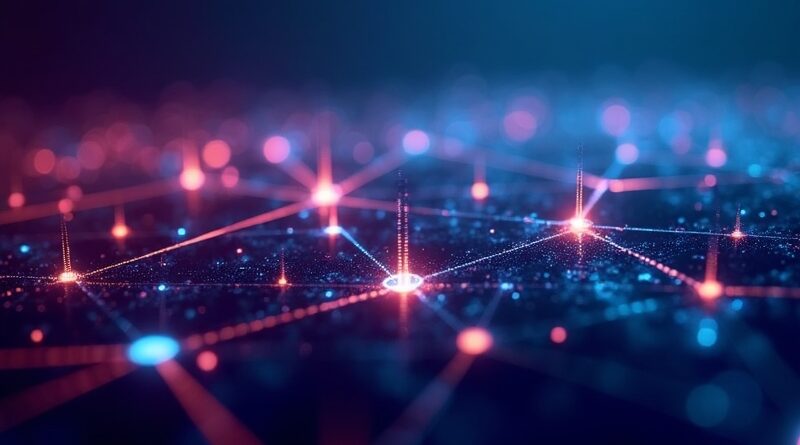 Abstrakcyjna sieć neuronowa z luminescencyjnymi węzłami na fioletowo-turkusowym tle.