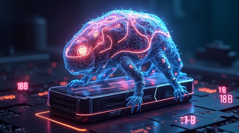 Futurystyczny hybrydowy AI-Frankenstein z neonowymi ścieżkami, unoszący się nad GPU RTX 3060, otoczony holograficznymi 18B