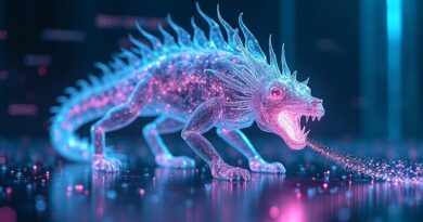 Półtransparentna stworzona z qubitów bestia pożerająca świetlne bity danych w futurystycznym laboratorium.