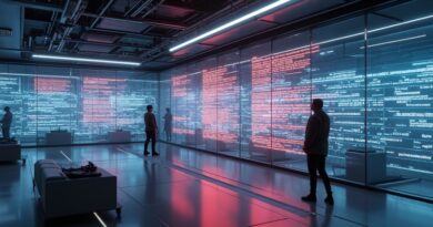 Futurystyczne laboratorium z AI analizującym kod Firefox i holograficznymi czerwonymi ostrzeżeniami