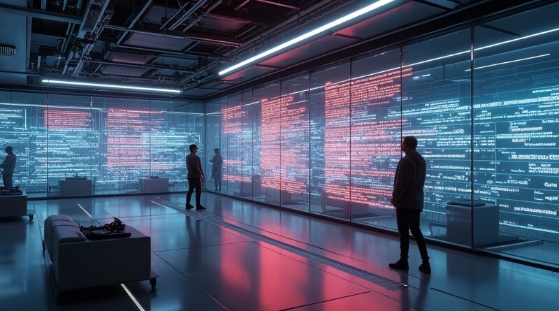 Futurystyczne laboratorium z AI analizującym kod Firefox i holograficznymi czerwonymi ostrzeżeniami