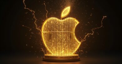 Złota klatka z logo Apple, pęknięta, z promienistymi wiązkami obwodów AI na ciemnym tle.