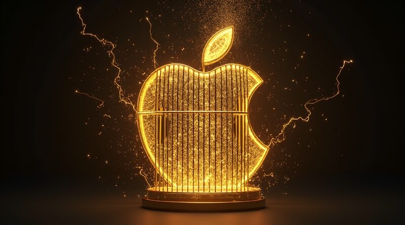 Złota klatka z logo Apple, pęknięta, z promienistymi wiązkami obwodów AI na ciemnym tle.