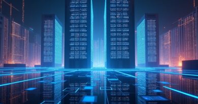 Futurystyczna fabryka SK Hynix: pionowe stosy chipów HBM zasilające GPU NVIDIA Blackwell, neonowe światło, motywy koreańskie