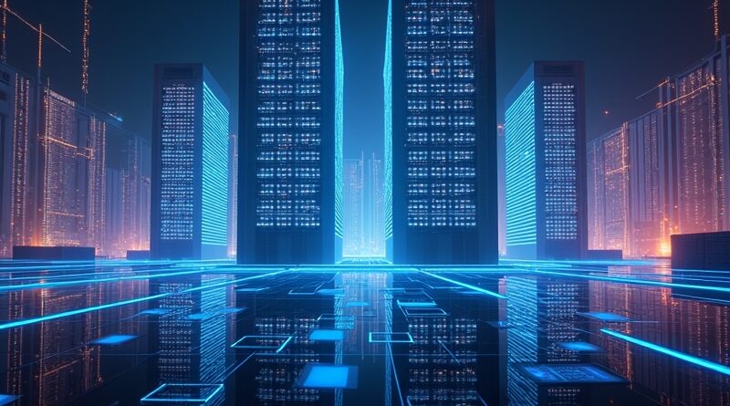 Futurystyczna fabryka SK Hynix: pionowe stosy chipów HBM zasilające GPU NVIDIA Blackwell, neonowe światło, motywy koreańskie