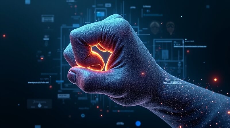 Cyfrowa pięść z obwodów nad mapą Polski z elementami policyjnymi i hologramami.