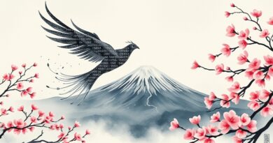 Cyfrowy feniks z kodu binarnego wznosi się nad górą Fuji, symbolizując inwestycję Microsoftu w AI w Japonii.