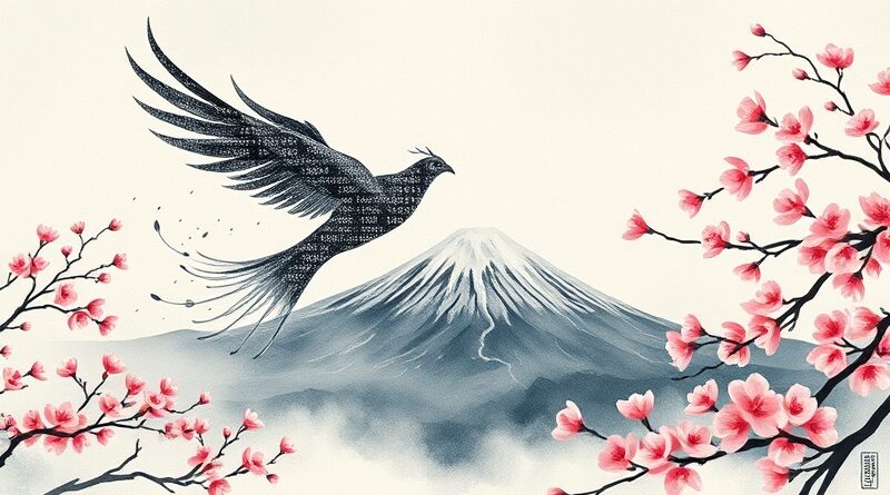 Cyfrowy feniks z kodu binarnego wznosi się nad górą Fuji, symbolizując inwestycję Microsoftu w AI w Japonii.