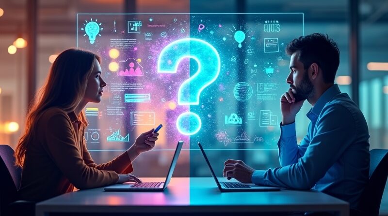 Lewa część: kreatywna burza mózgów AI; prawa: HR z hologramem AI, znak zapytania
