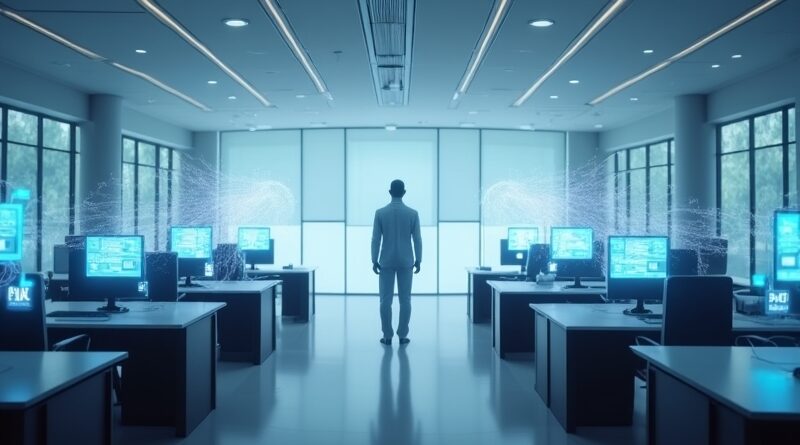 Nowoczesny urząd z hologramami AI i postacią urzędnika kierującą strumieniami danych.