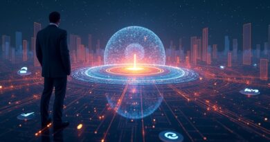 Futurystyczny krajobraz finansowy: świecące jądro AI, wykresy, logo PE, Delaware, Sam Altman z złotym kluczem.