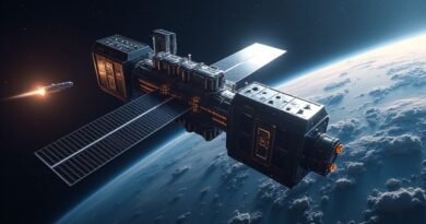 Futurystyczne modułowe satelity z panelami słonecznymi, Ziemia w tle, start rakiety Starship, pył kosmiczny.