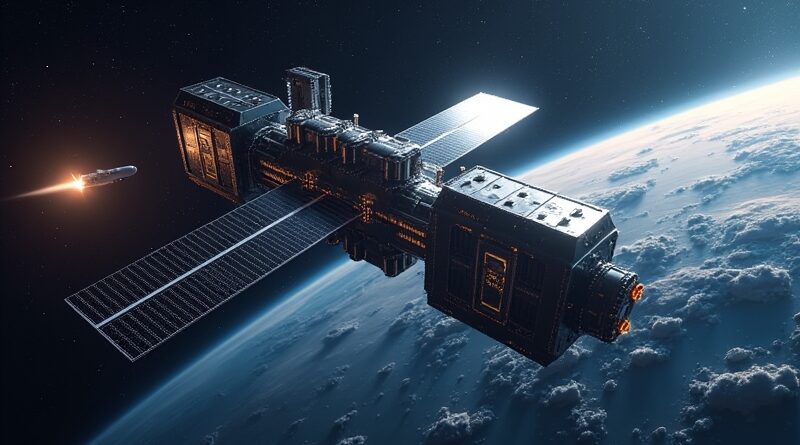 Futurystyczne modułowe satelity z panelami słonecznymi, Ziemia w tle, start rakiety Starship, pył kosmiczny.