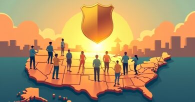 Złota tarcza Rockefellera świeci nad mapą USA, oświetlając pracowników w nowych sektorach